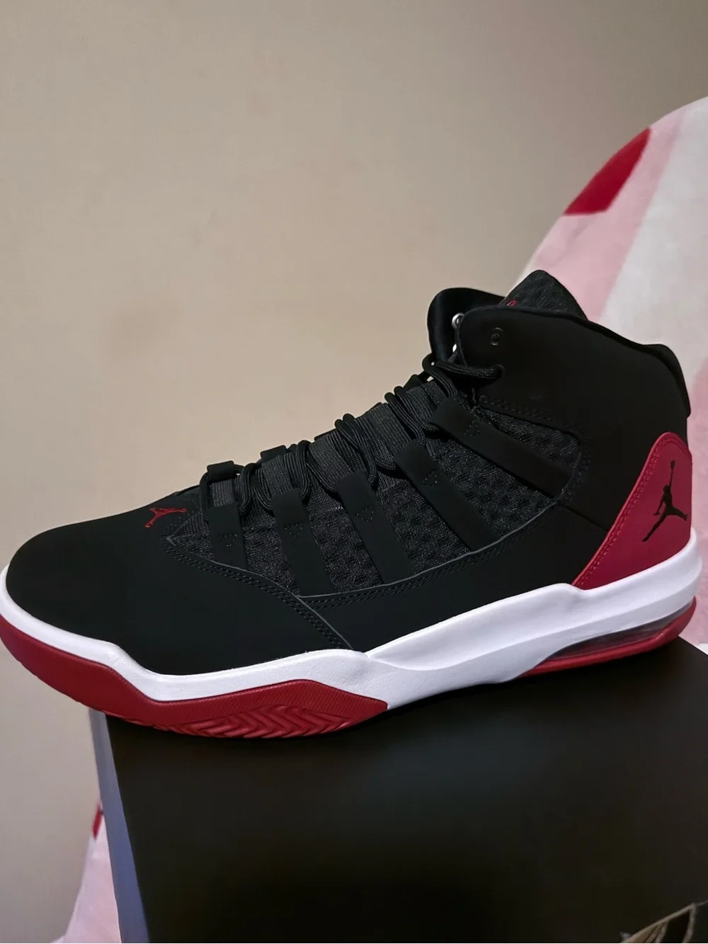 New in Box Jordan Max Aura Black and Gym Red Sneakers, Size 12